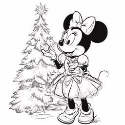 minnie mouse standing by the christmas tree coloring