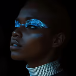 woman with white and blue makeup wearing an artistic face