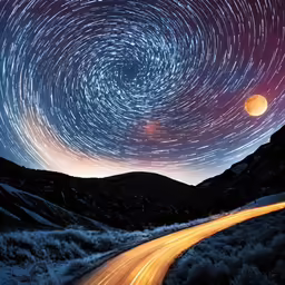 a long road leading to the star trails