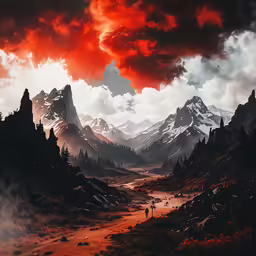painting of some red clouds hovering over the mountain range