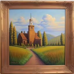 a painting of an old church is featured,painting on the wall of a rural area,an oil painting of a small church,a painting with a church on the other side,the painting depicts an old church surrounded by a vast green field
