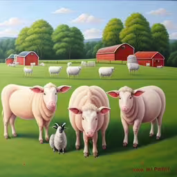 a painting of sheep and goats in a pasture by barn,some sheep and a goat are on a grass field