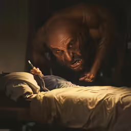 a man leaning over a bed next to a lit lamp