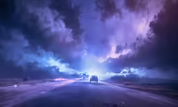 a night scene with a car driving across a road