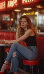 a pretty young woman sitting in front of a table