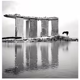 a man and a dog walk past a bridge that is reflected in the water