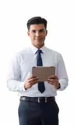 the man wearing a tie is holding a tablet