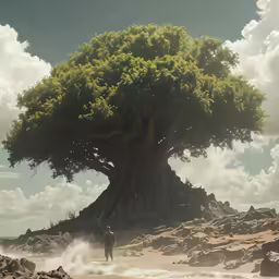 a lone man walking towards a huge tree