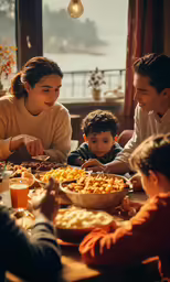 a family gathers around the table to get food