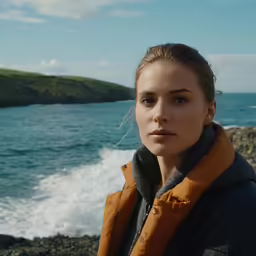 a woman in black jacket looking at the camera near the ocean