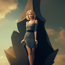 a blonde woman in a grey dress posing in front of an iron sculpture