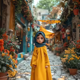 a young girl wearing a yellow dress and headscarf in a alleyway
