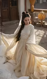 a woman in a white wedding gown standing on a rug