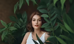 a woman is shown through green plants, with red lipstick