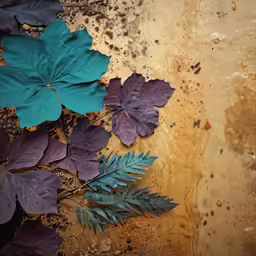 two green leaves on the ground, and a purple flower