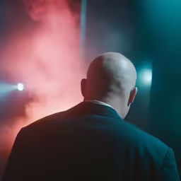 man standing in a dark room staring at bright lights