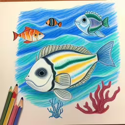 there is a drawing of a fish on the paper,there is a drawing of three fish that are swimming in the ocean
