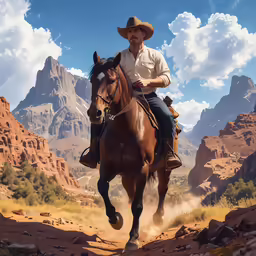 a man in a hat on a horse is riding through the desert