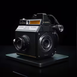 an old camera sits on a stand with black background