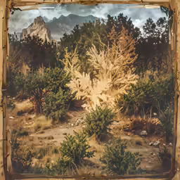 a sepia photograph of trees and mountains