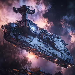 the futuristic military ship is floating high above the clouds