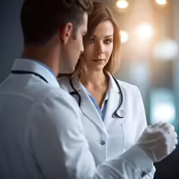 a woman with a lab coat looking at a man in white lab coat