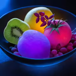 several fruits are shown in a bowl on a counter