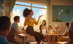 a woman in yellow is talking to a group of people