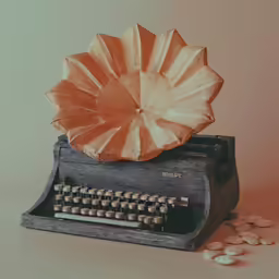 an old typewriter with an orange fan on it