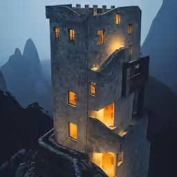 a tall building with lots of windows on top of a mountain