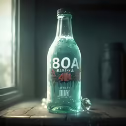 a bottle sitting on top of a wooden table