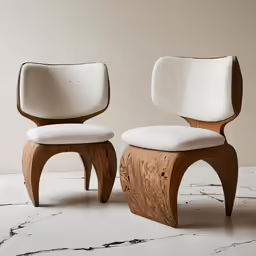 a pair of lounge chairs with white cushion