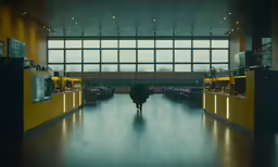 a person is in the middle of a long dark corridor with lots of windows