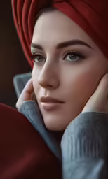 a young lady with a red head wrap on her head