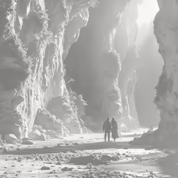 a couple walking through a snow covered canyon