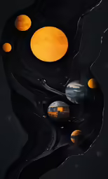 some balls of black with yellow highlights are floating in water