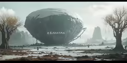 the huge structure is surrounded by bare trees