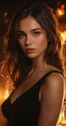 a woman in a black top is posing for the camera