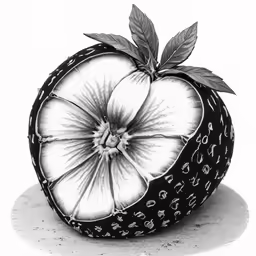 an apple has a leaf and a flower in it