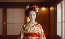 an asian woman with red flower in her hair wearing an oriental gown