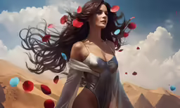 a woman in a silver body suit is flying over an arid area