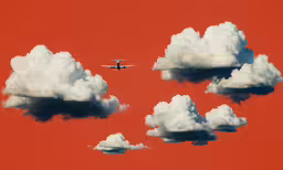four clouds in the sky with an airplane flying below them