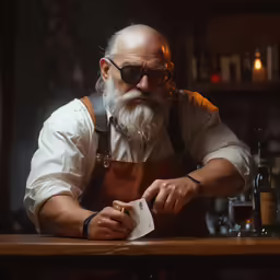 an old man sits behind the bar counter and cuts food