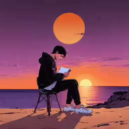 man on a beach holding papers under a sunset,man sitting in a chair looking at something