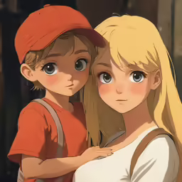 two children with big eyes, standing and hugging