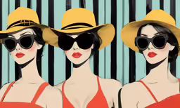 three women with big yellow hats and red lips