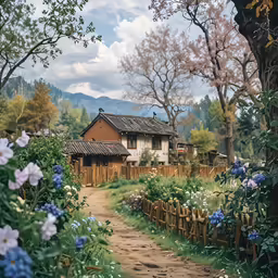 a tree with flowers in front and a dirt path through the woods