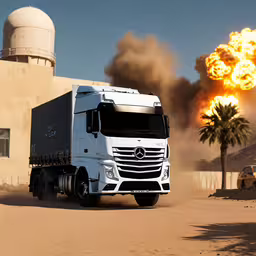 a truck that is next to a building,a truck is driving down a dirt road