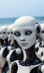 an artificial woman and other humanoids look at the camera