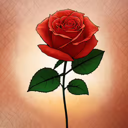 a painting of a red rose with the sun coming down,the painting is of a rose in color